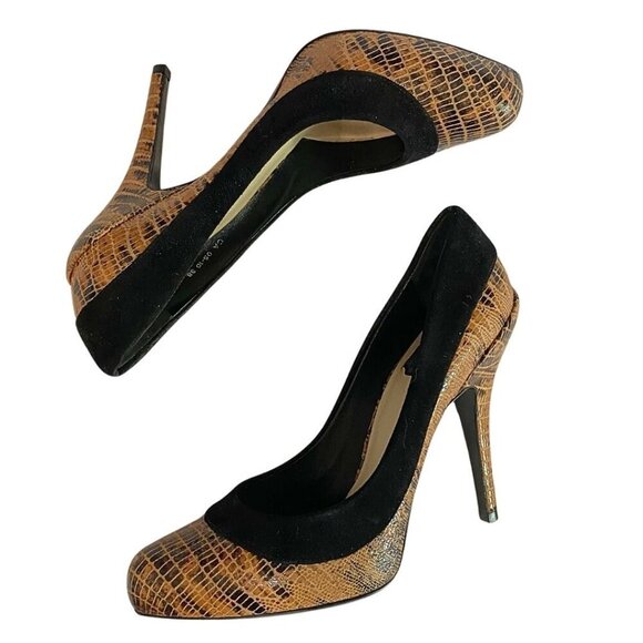 CHRISTIAN DIOR BROWN SNAKE EMBOSSED LEATHER BLACK SUEDE STILETTO HEEL PUMPS - 38 - Picture 4 of 9